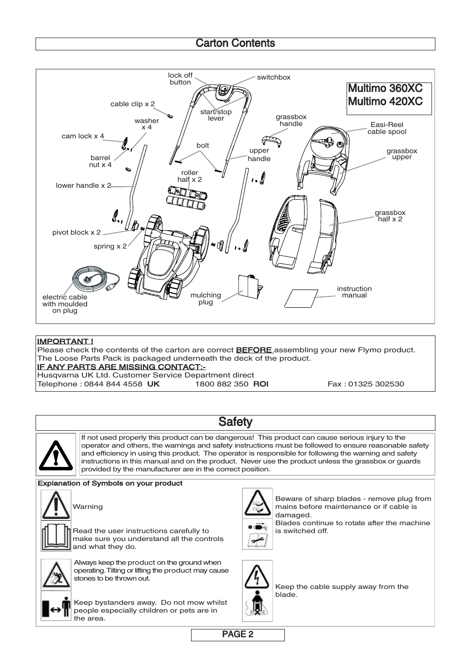 Safety, Carton contents | Flymo MULTIMO 340XC User Manual | Page 3 / 12