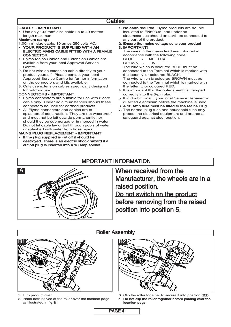 Cables, Important information, Roller assembly | Flymo MULTIMO 340XC User Manual | Page 5 / 12
