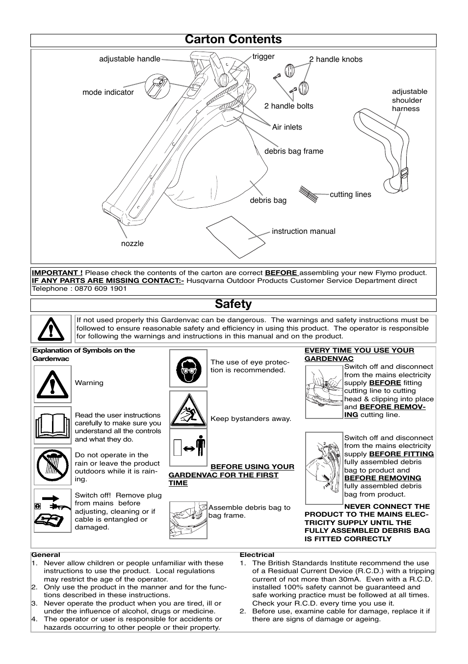 Carton contents, Safety | Flymo Garden Vac User Manual | Page 2 / 8