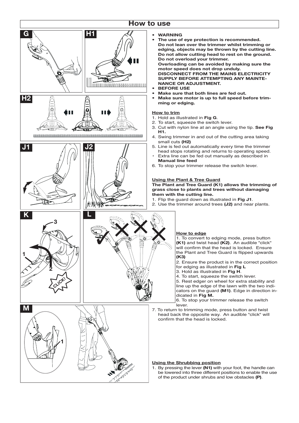 H1 k g h2 how to use, Mj1 j2 | Flymo POWER TRIM 500 XT User Manual | Page 5 / 9