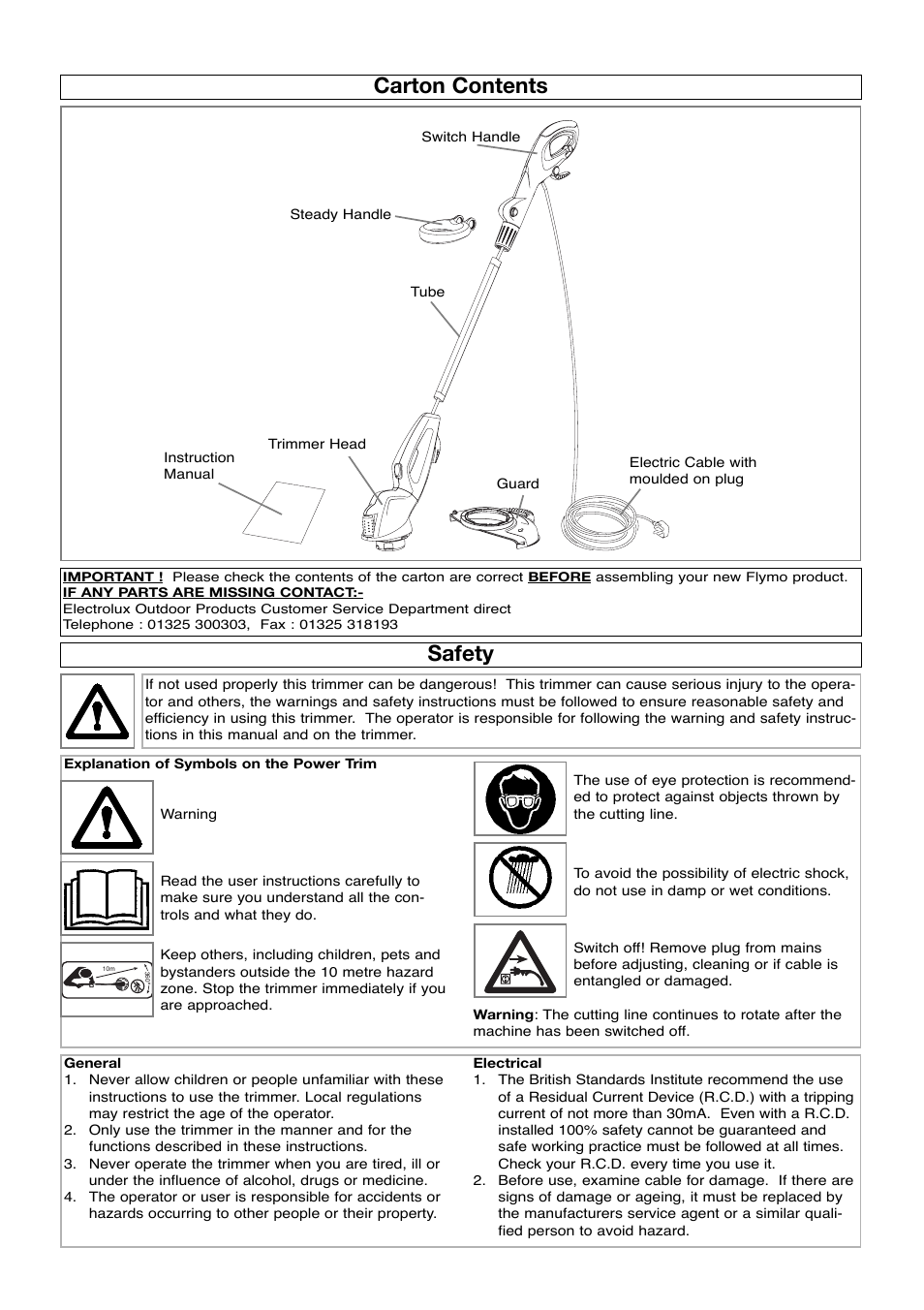 Carton contents, Safety | Flymo 511967501 User Manual | Page 2 / 9