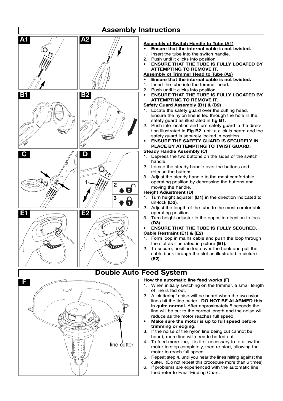 Assembly instructions, Double auto feed system, A2 e1 e2 | Flymo 511967501 User Manual | Page 4 / 9