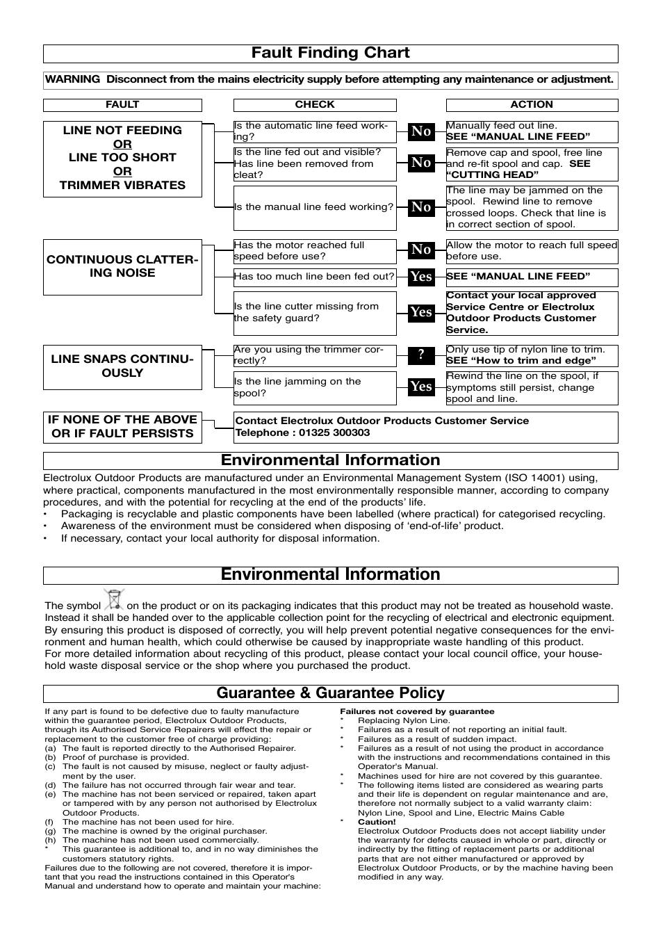 Fault finding chart, Environmental information, Guarantee & guarantee policy | No yes yes | Flymo 511967501 User Manual | Page 8 / 9