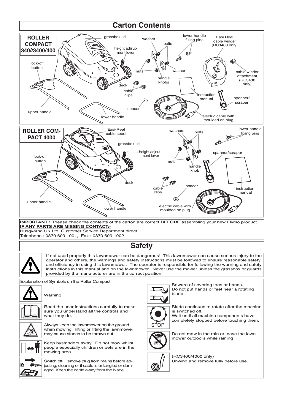 Carton contents, Safety | Flymo 400 User Manual | Page 2 / 9