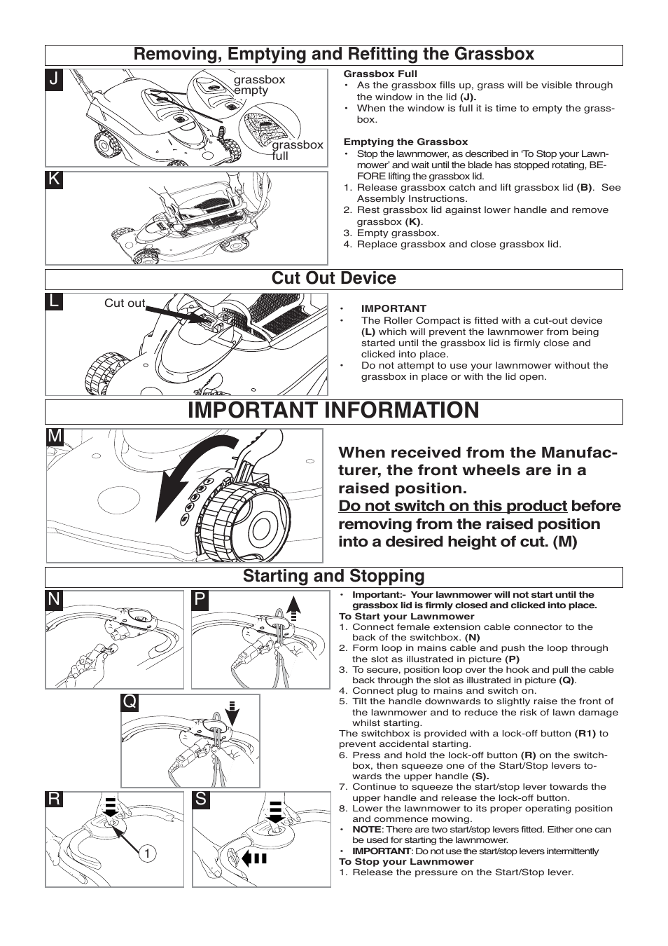 Important information, Np starting and stopping, Qs r | Flymo 400 User Manual | Page 5 / 9