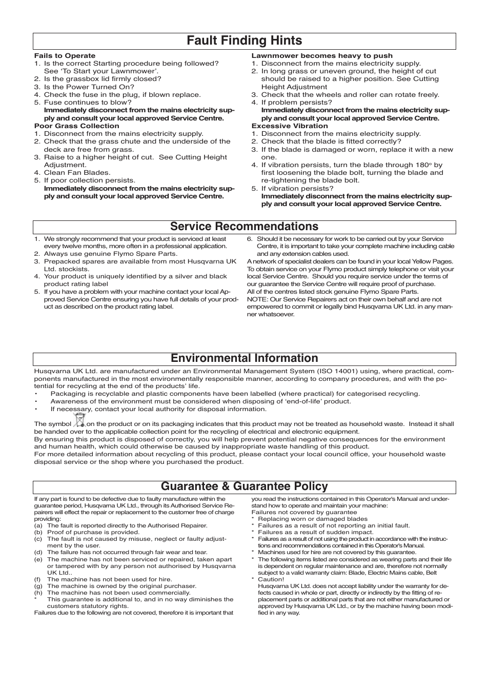 Fault finding hints, Service recommendations, Environmental information | Guarantee & guarantee policy | Flymo 400 User Manual | Page 8 / 9