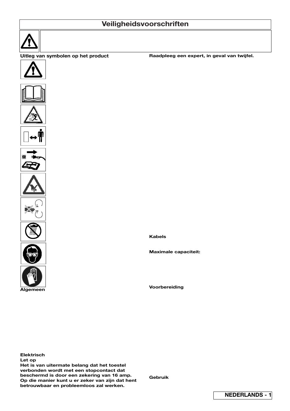 Veiligheidsvoorschriften, Nederlands - 1 | Flymo 510740403 User Manual | Page 15 / 72