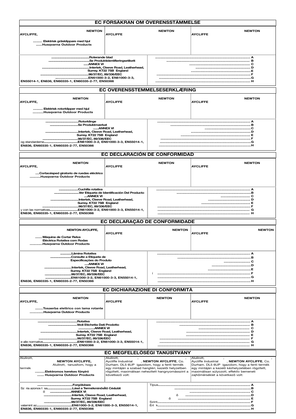 Ec försäkran om överensstämmelse, Ec overensstemmelseserklæring, Ec declaración de conformidad | Ec declaração de conformidade, Ec dichiarazione di conformità, Ec megfelelőségi tanúsítvány | Flymo 510740403 User Manual | Page 70 / 72