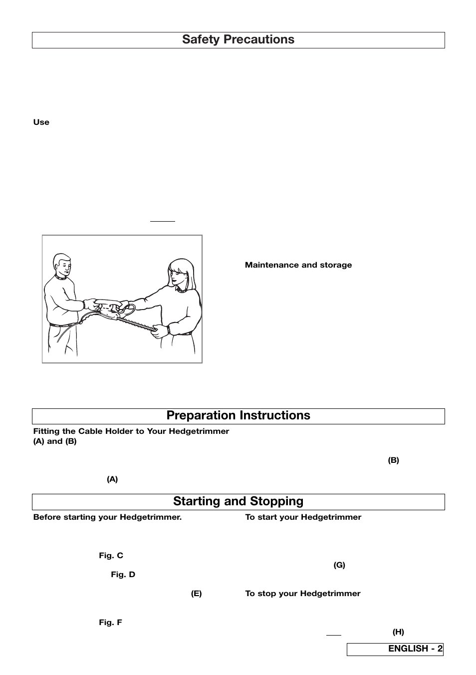 Safety precautions, Starting and stopping, Preparation instructions | Flymo Electrolux EHT 530s User Manual | Page 7 / 11