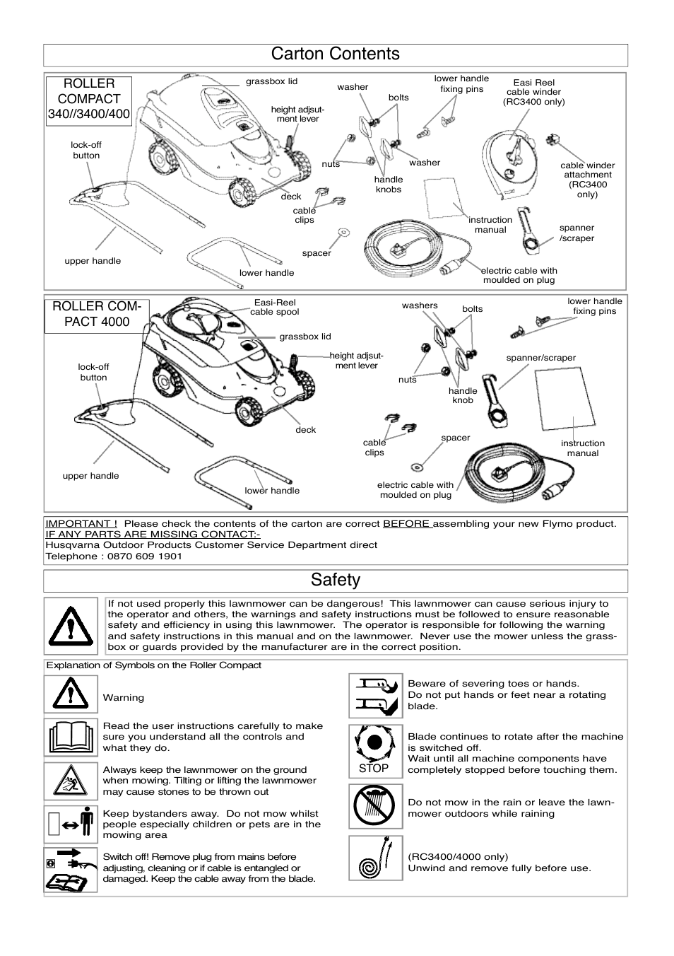 Carton contents, Safety | Flymo ROLLER COMPACT 4000 User Manual | Page 2 / 9