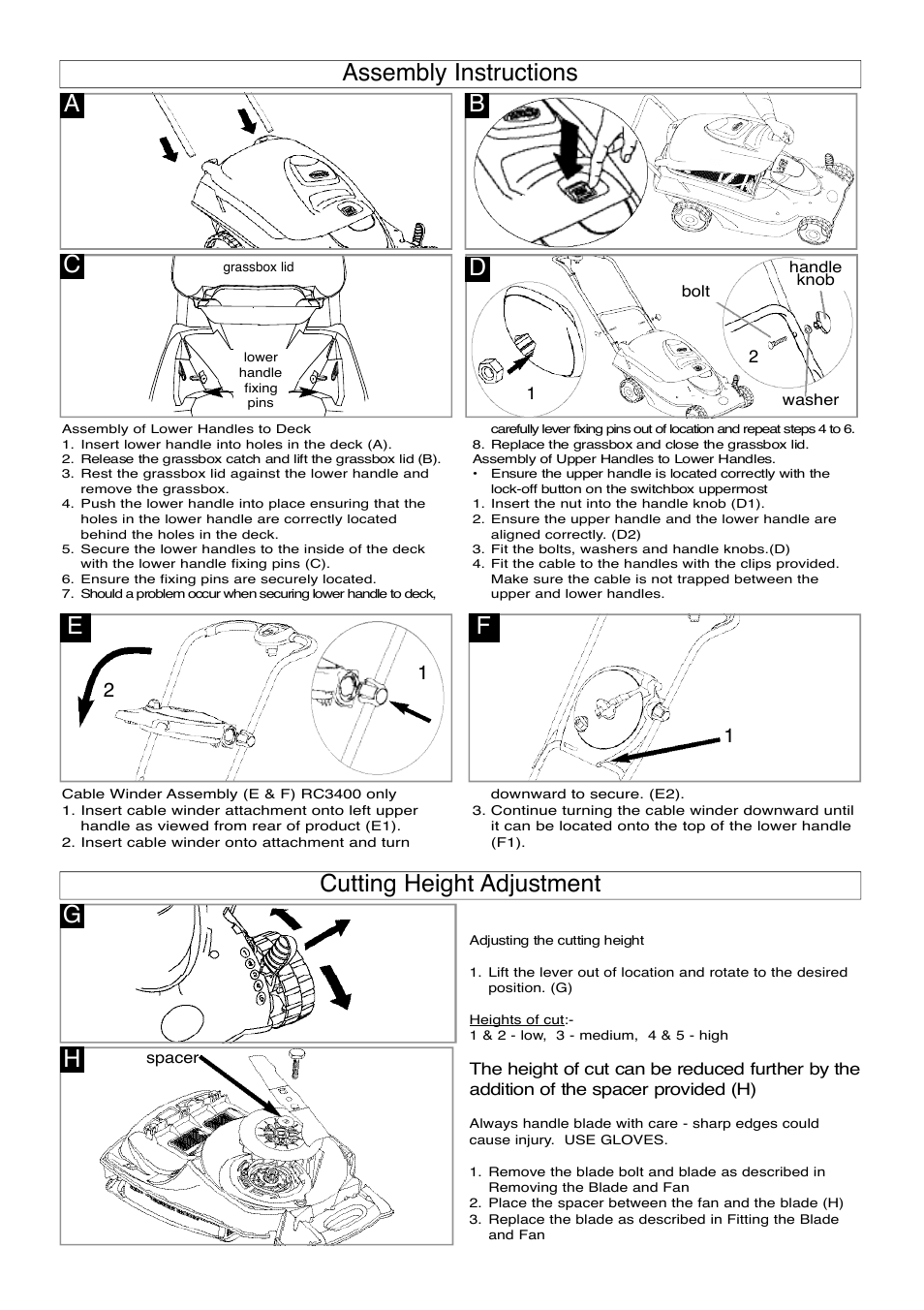 Assembly instructions, Cutting height adjustment, Assembly instructions b | Cutting height adjustment g | Flymo ROLLER COMPACT 4000 User Manual | Page 4 / 9