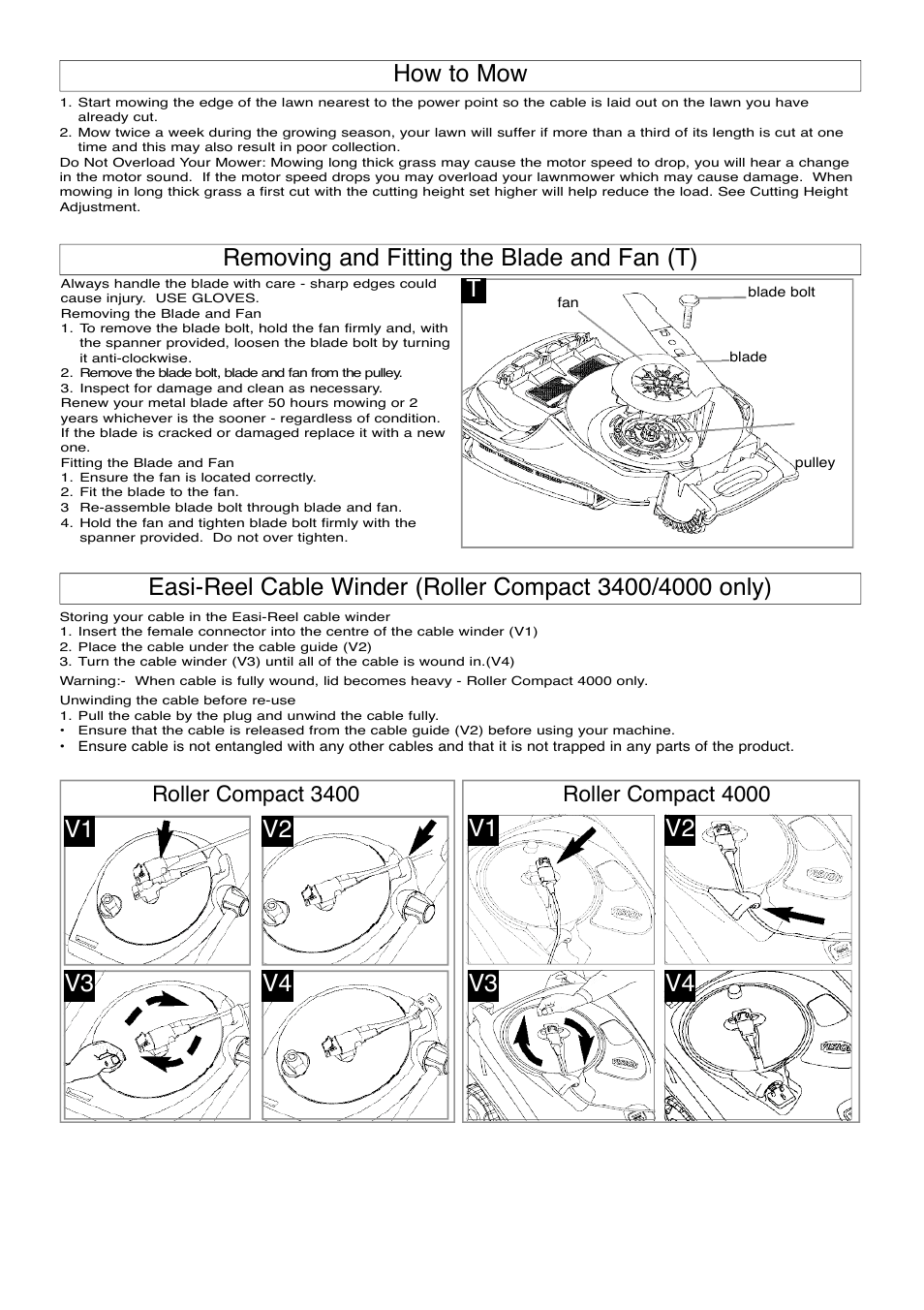 How to mow, Removing and fitting the blade and fan (t), How to mow t | V1 v2 v3 v4 | Flymo ROLLER COMPACT 4000 User Manual | Page 6 / 9