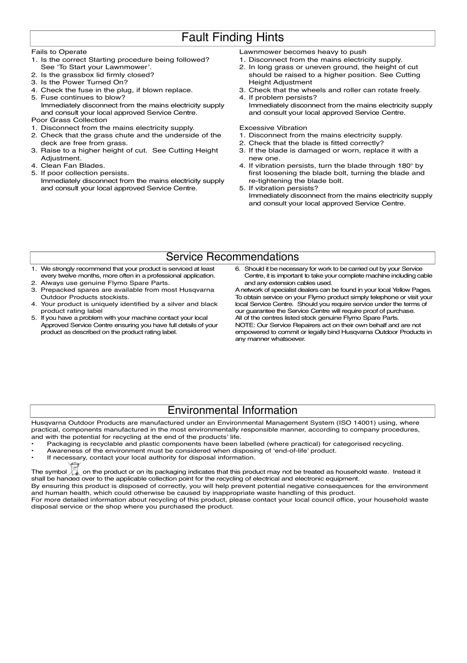Fault finding hints, Service recommendations, Environmental information | Flymo ROLLER COMPACT 4000 User Manual | Page 8 / 9