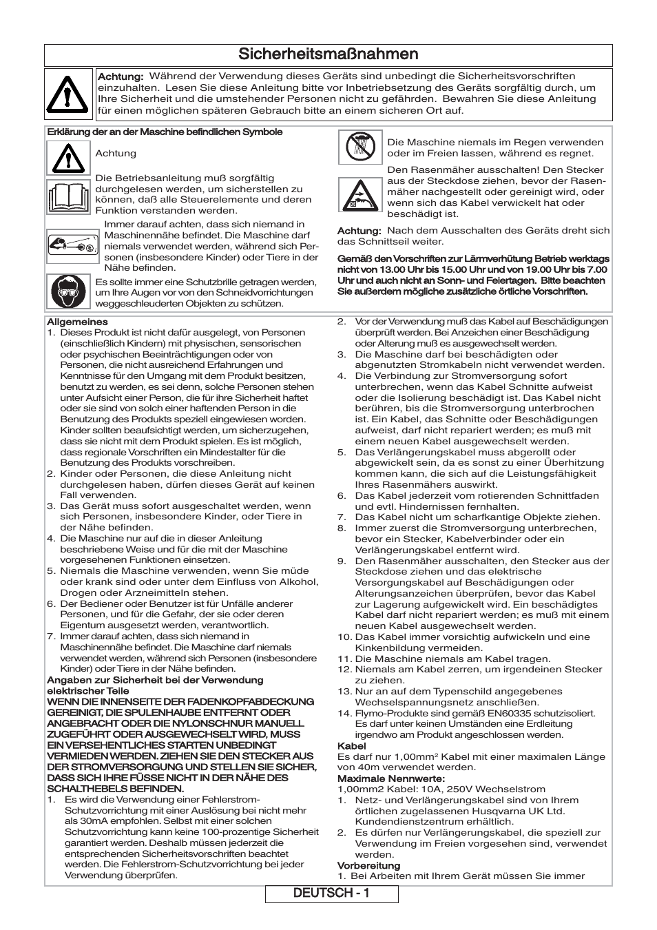 Sicherheitsmaßnahmen, Deutsch - 1 | Flymo 600 HD User Manual | Page 11 / 80