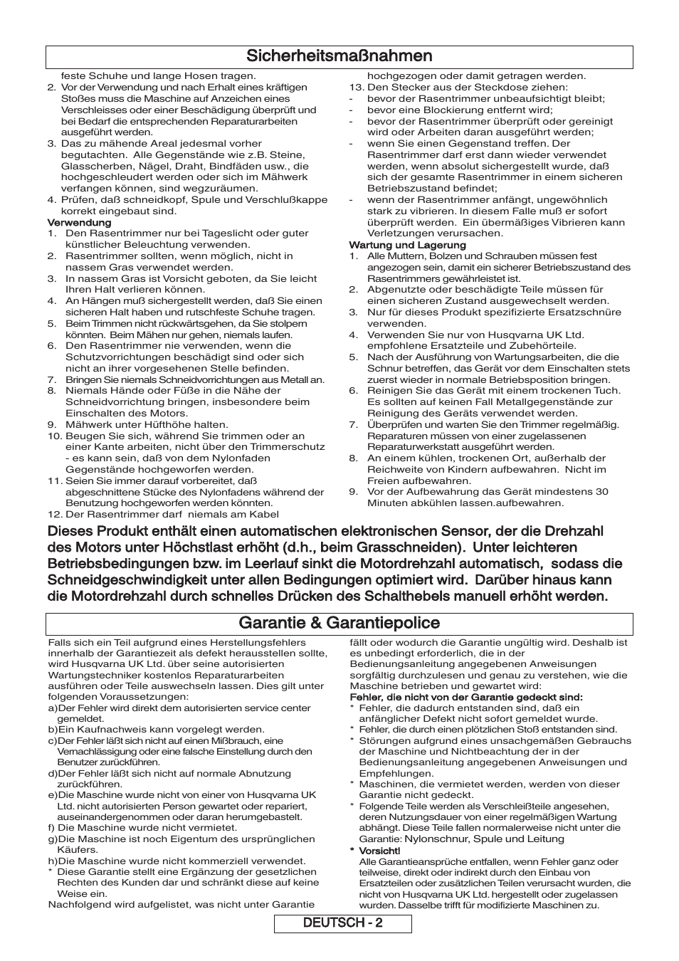 Garantie & garantiepolice, Sicherheitsmaßnahmen, Deutsch - 2 | Flymo 600 HD User Manual | Page 12 / 80