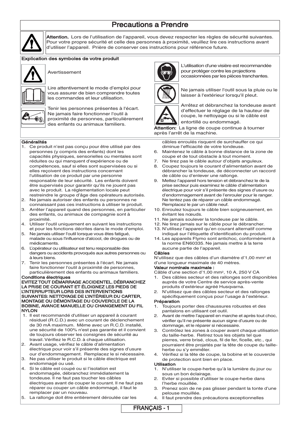 Precautions a prendre, Français - 1 | Flymo 600 HD User Manual | Page 14 / 80