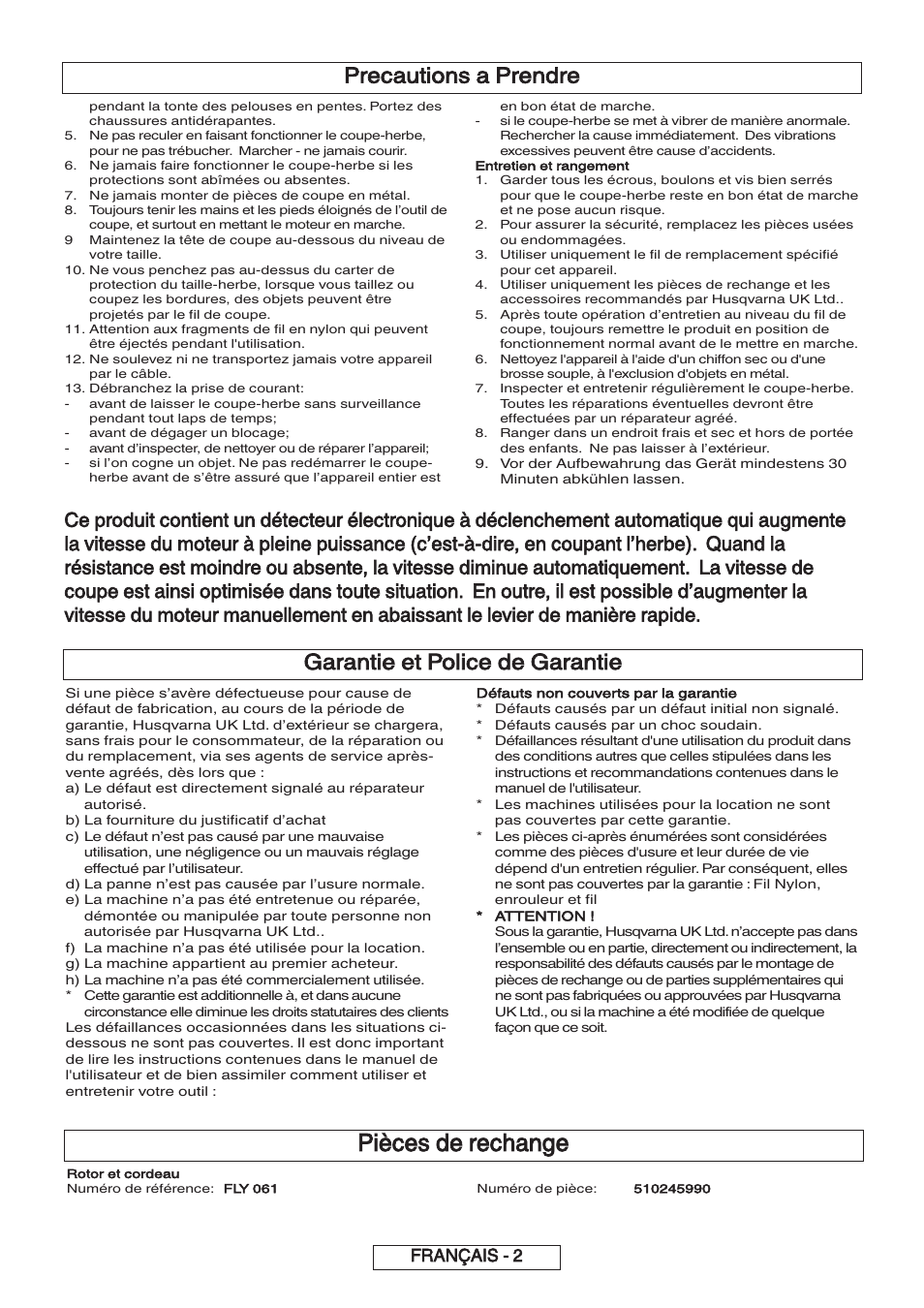 Pièces de rechange, Garantie et police de garantie, Precautions a prendre | Français - 2 | Flymo 600 HD User Manual | Page 15 / 80