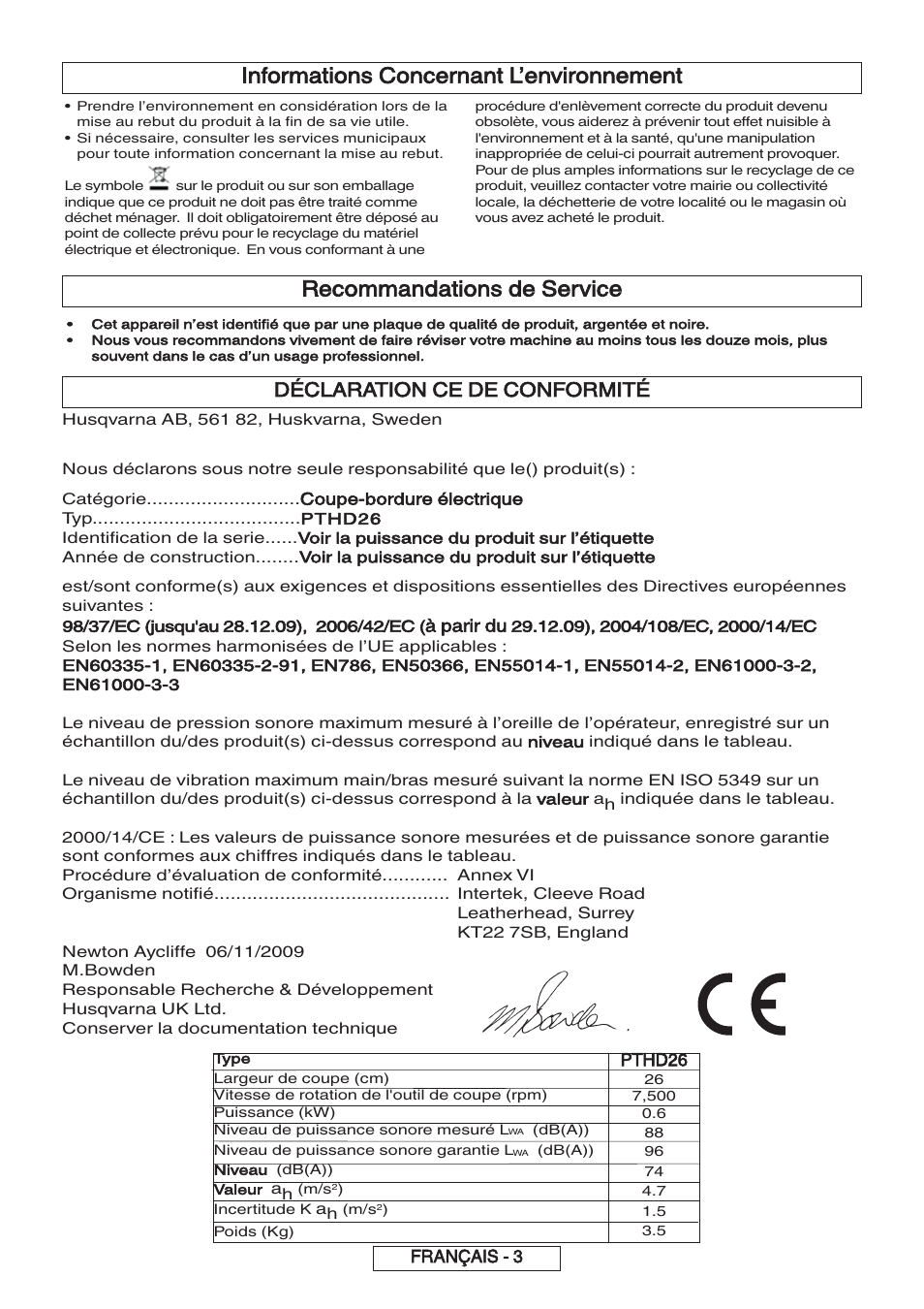Informations concernant l’environnement, Recommandations de service, Déclaration ce de conformité | Flymo 600 HD User Manual | Page 16 / 80