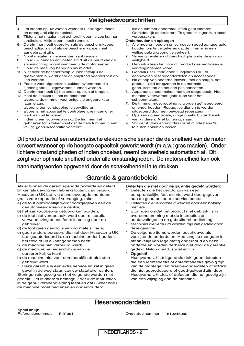 Reserveonderdelen, Garantie & garantiebeleid, Veiligheidsvoorschriften | Nederlands - 2 | Flymo 600 HD User Manual | Page 18 / 80