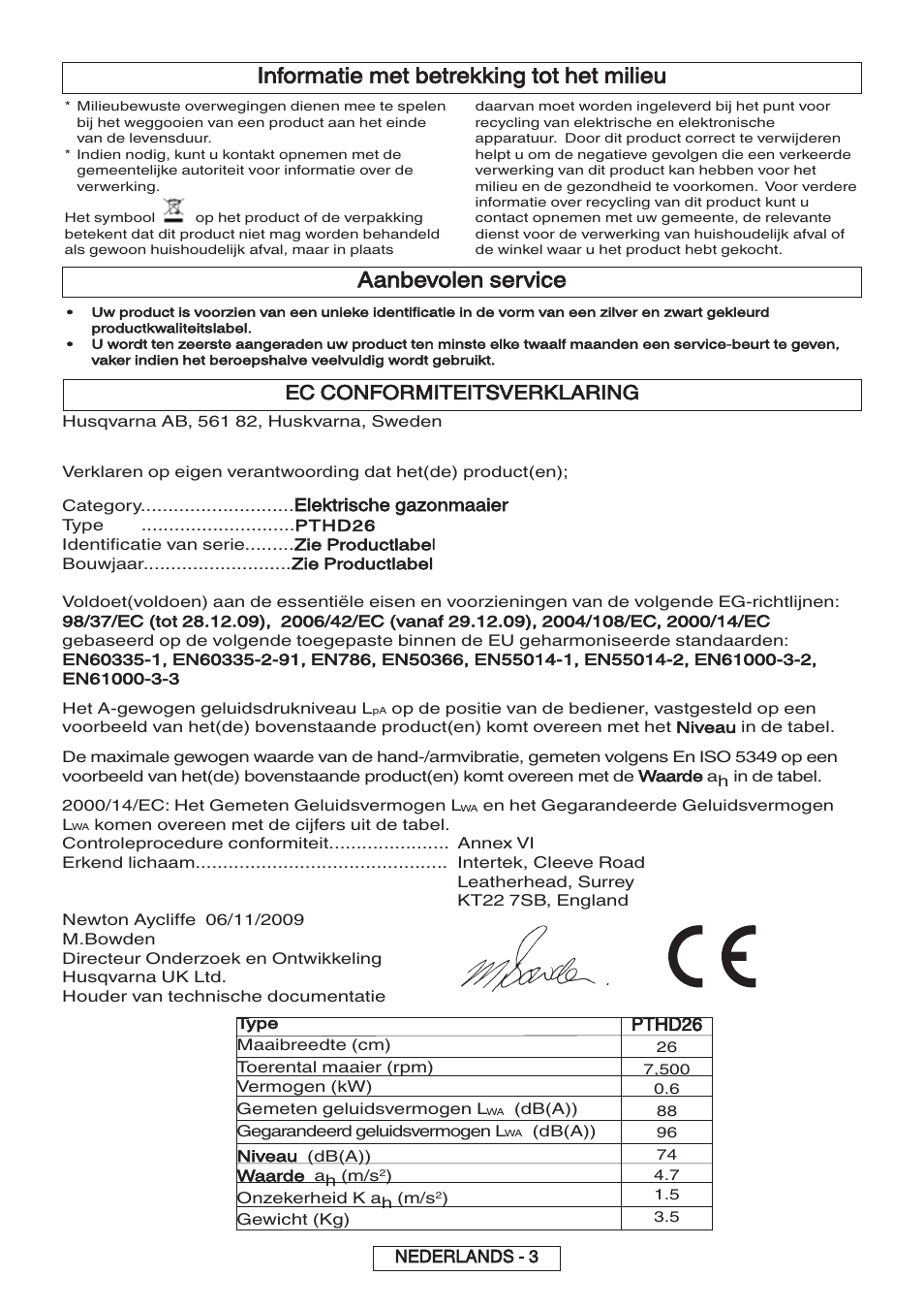 Informatie met betrekking tot het milieu, Aanbevolen service, Ec conformiteitsverklaring | Pthd26 | Flymo 600 HD User Manual | Page 19 / 80