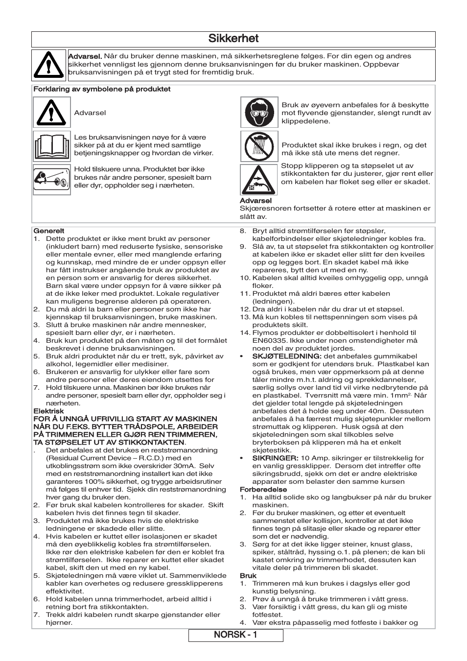 Sikkerhet, Norsk - 1 | Flymo 600 HD User Manual | Page 20 / 80