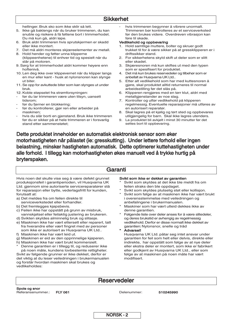 Reservedeler, Garanti, Sikkerhet | Norsk - 2 | Flymo 600 HD User Manual | Page 21 / 80