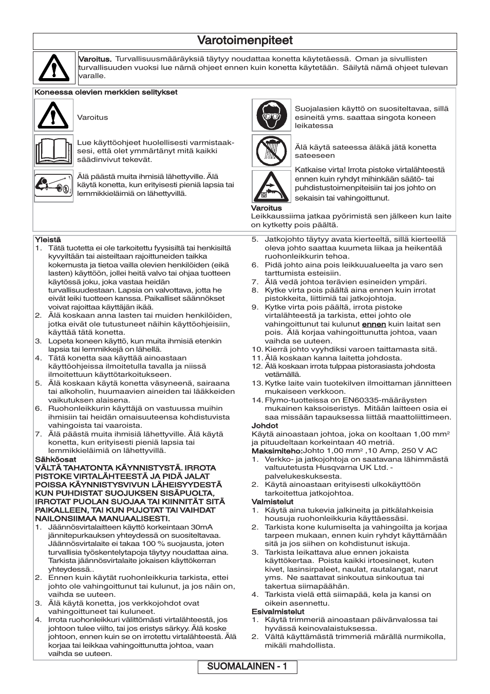 Varotoimenpiteet, Suomalainen - 1 | Flymo 600 HD User Manual | Page 23 / 80