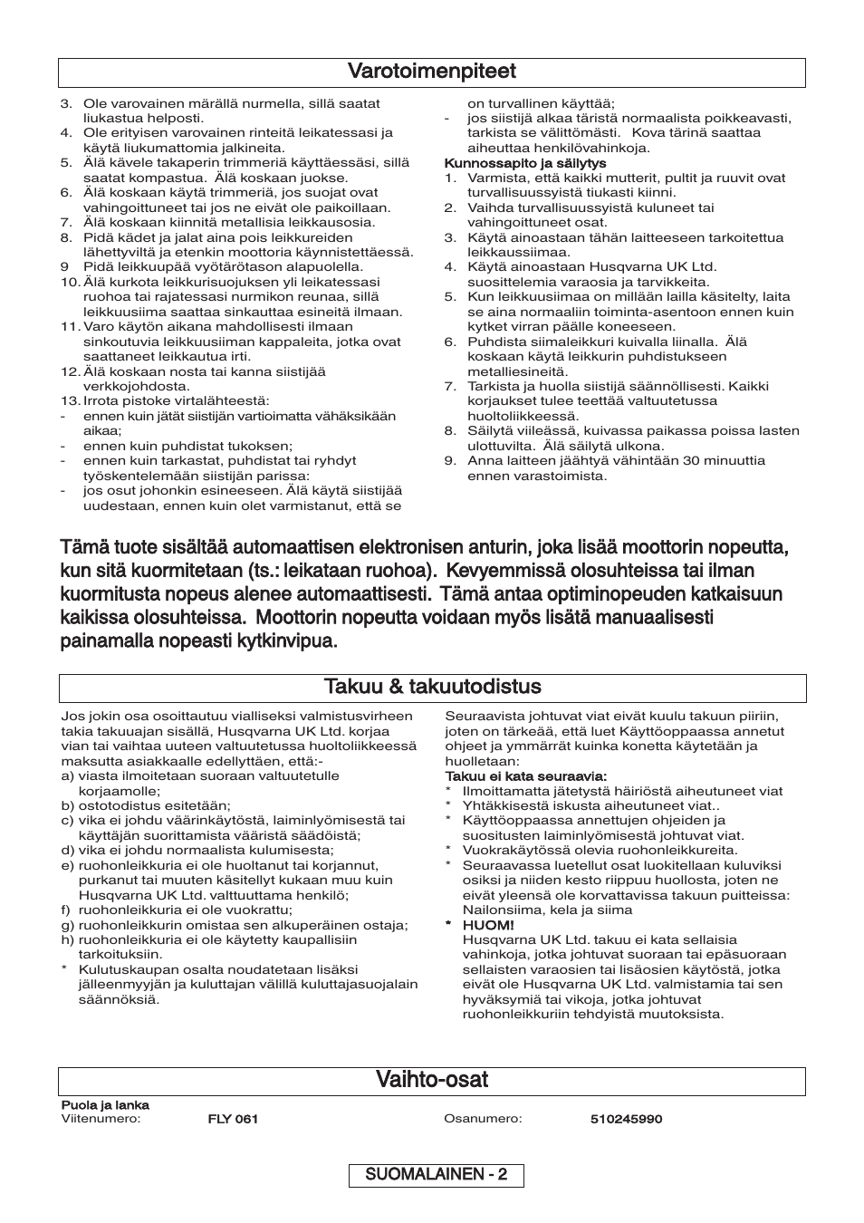 Vaihto-osat, Takuu & takuutodistus, Varotoimenpiteet | Suomalainen - 2 | Flymo 600 HD User Manual | Page 24 / 80