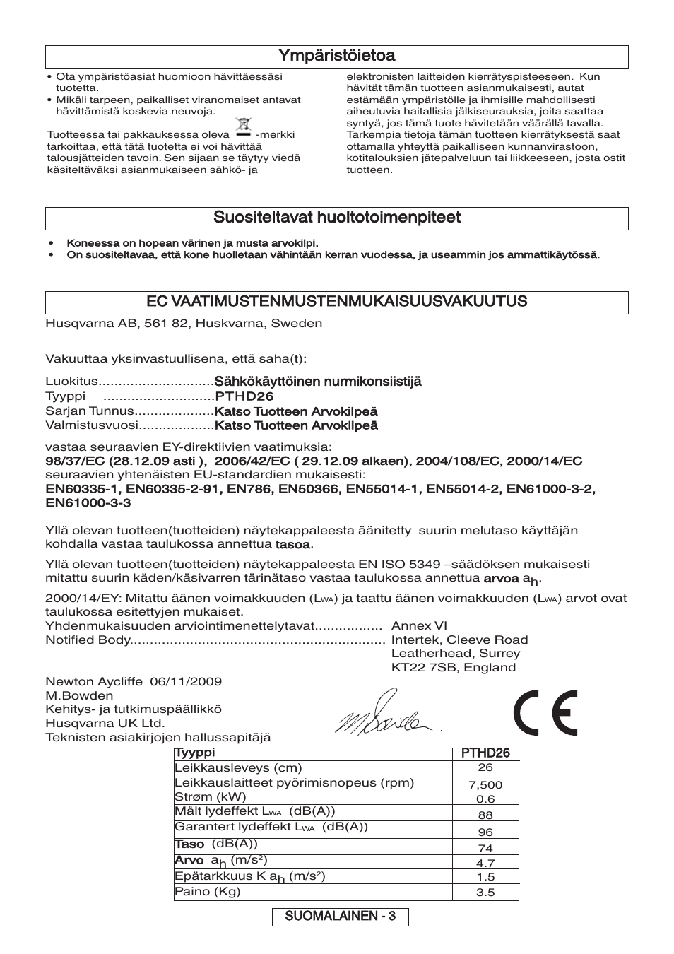 Ympäristöietoa, Suositeltavat huoltotoimenpiteet, Ec vaatimustenmustenmukaisuusvakuutus | Flymo 600 HD User Manual | Page 25 / 80
