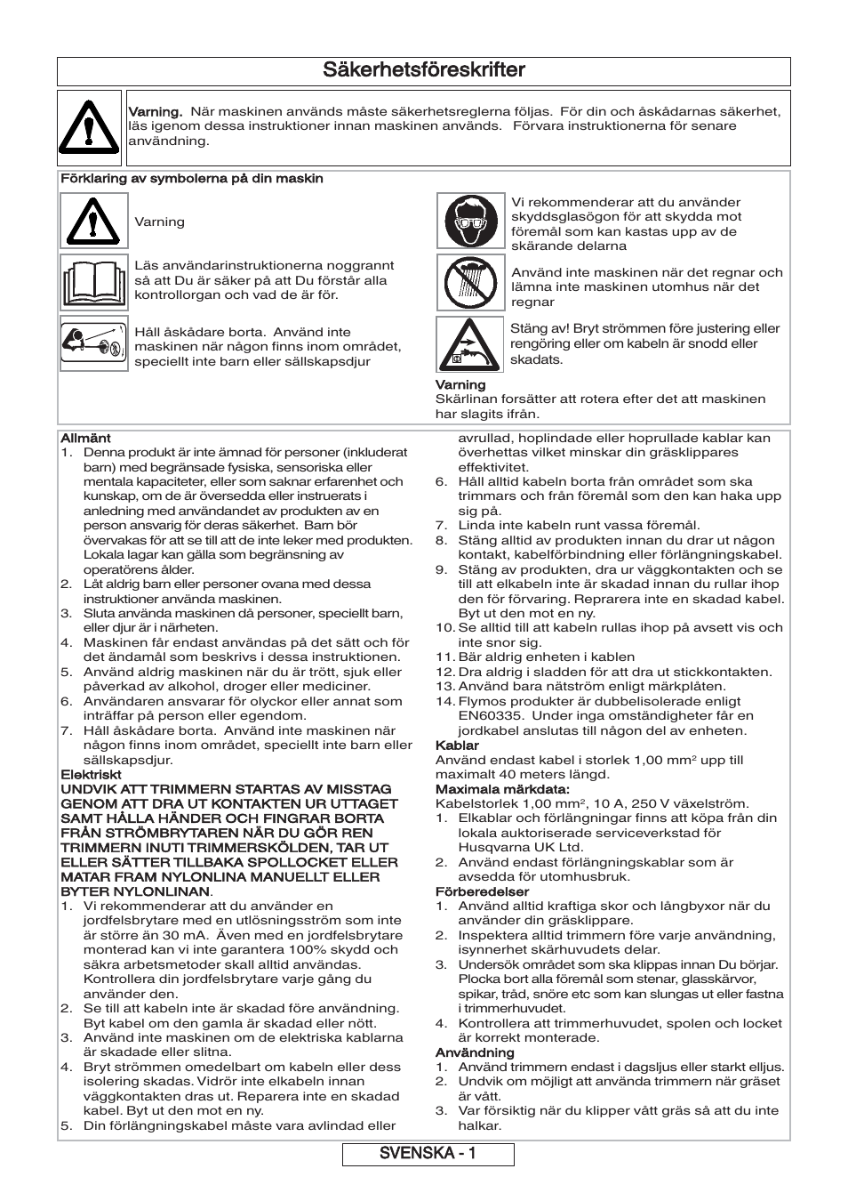 Säkerhetsföreskrifter, Svenska - 1 | Flymo 600 HD User Manual | Page 26 / 80