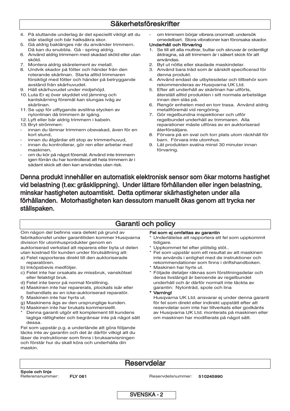 Reservdelar, Garanti och policy, Säkerhetsföreskrifter | Svenska - 2 | Flymo 600 HD User Manual | Page 27 / 80
