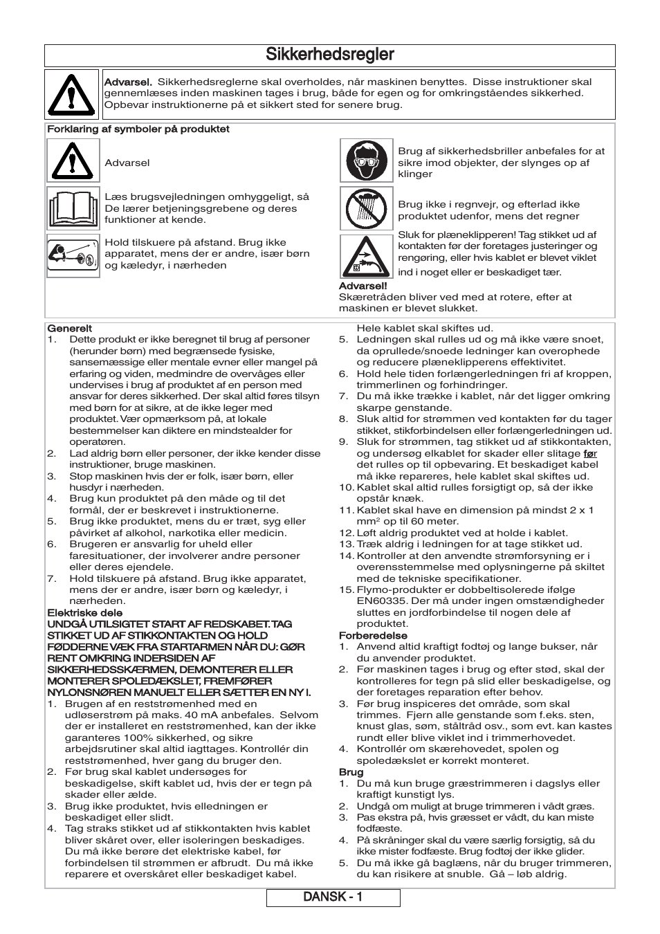 Sikkerhedsregler, Dansk - 1 | Flymo 600 HD User Manual | Page 29 / 80