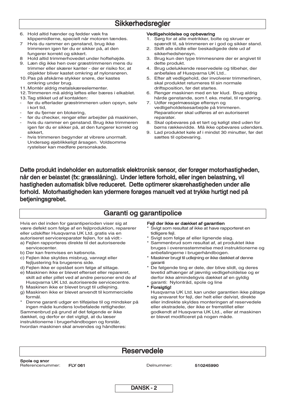 Sikkerhedsregler, Reservedele, Garanti og garantipolice | Dansk - 2 | Flymo 600 HD User Manual | Page 30 / 80