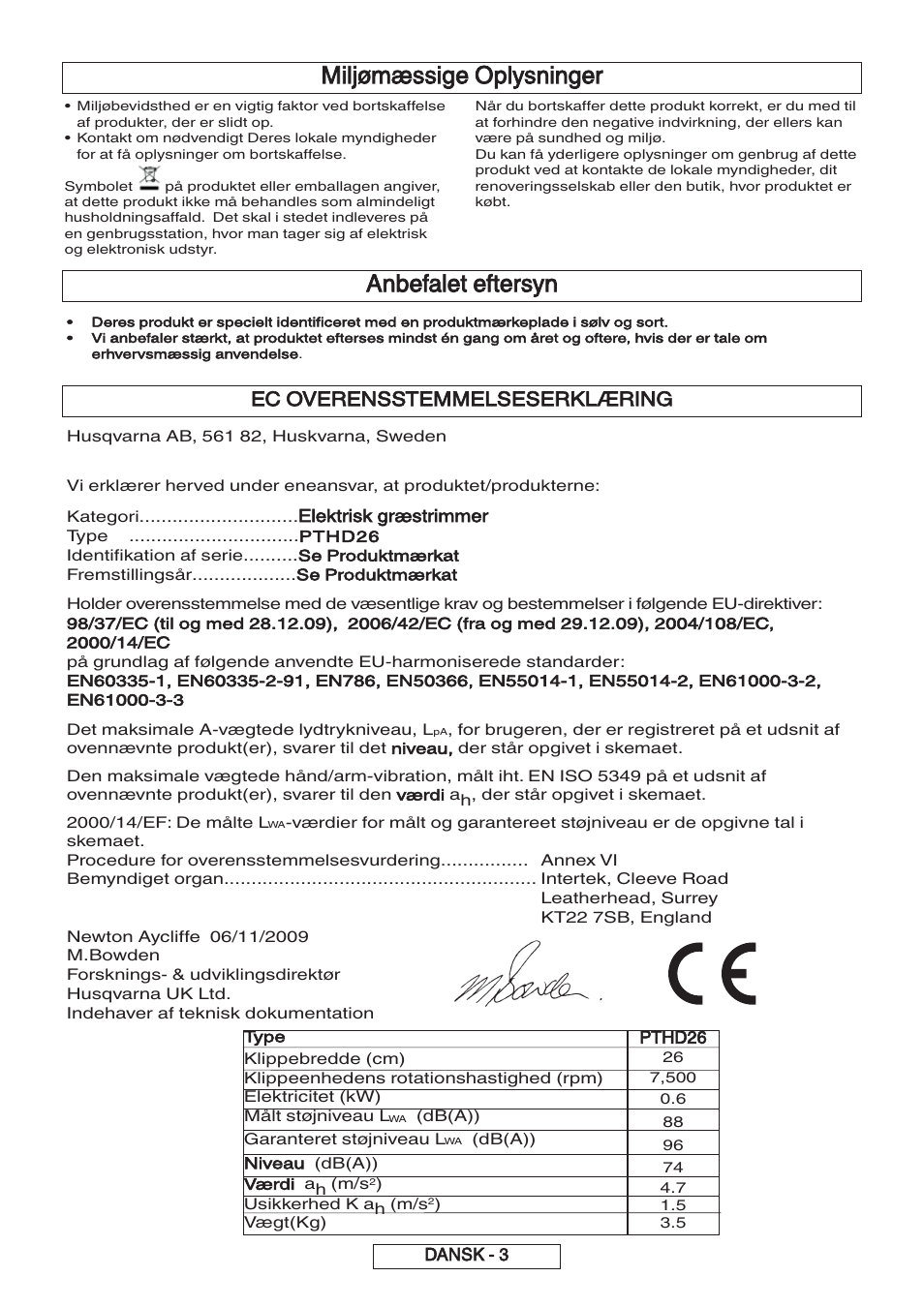 Miljømæssige oplysninger, Anbefalet eftersyn, Ec overensstemmelseserklæring | Flymo 600 HD User Manual | Page 31 / 80