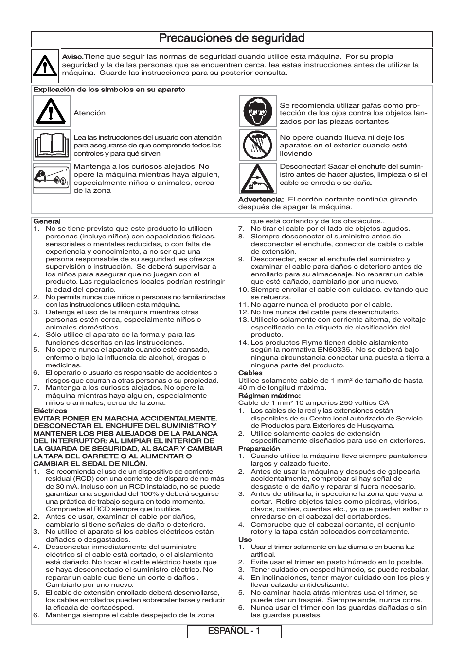 Precauciones de seguridad, Español - 1 | Flymo 600 HD User Manual | Page 32 / 80