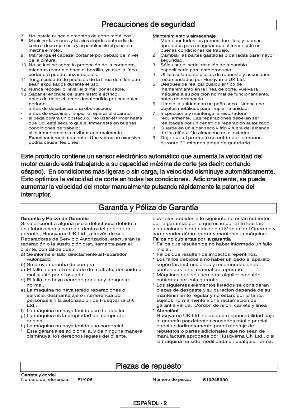 Garantía y póliza de garantía, Precauciones de seguridad, Piezas de repuesto | Español - 2 | Flymo 600 HD User Manual | Page 33 / 80