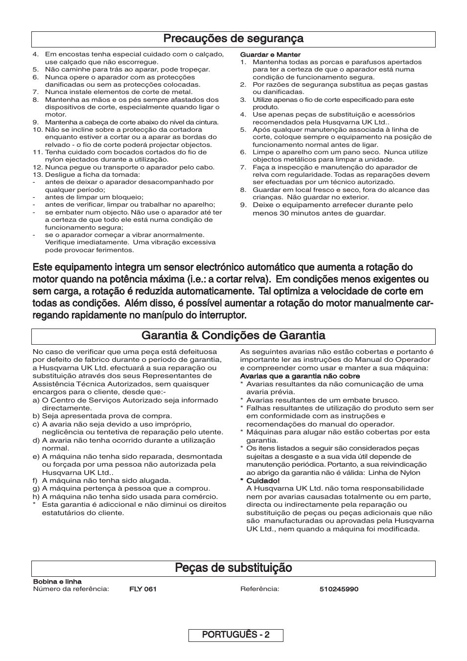Peças de substituição, Garantia & condições de garantia, Precauções de segurança | Português - 2 | Flymo 600 HD User Manual | Page 36 / 80