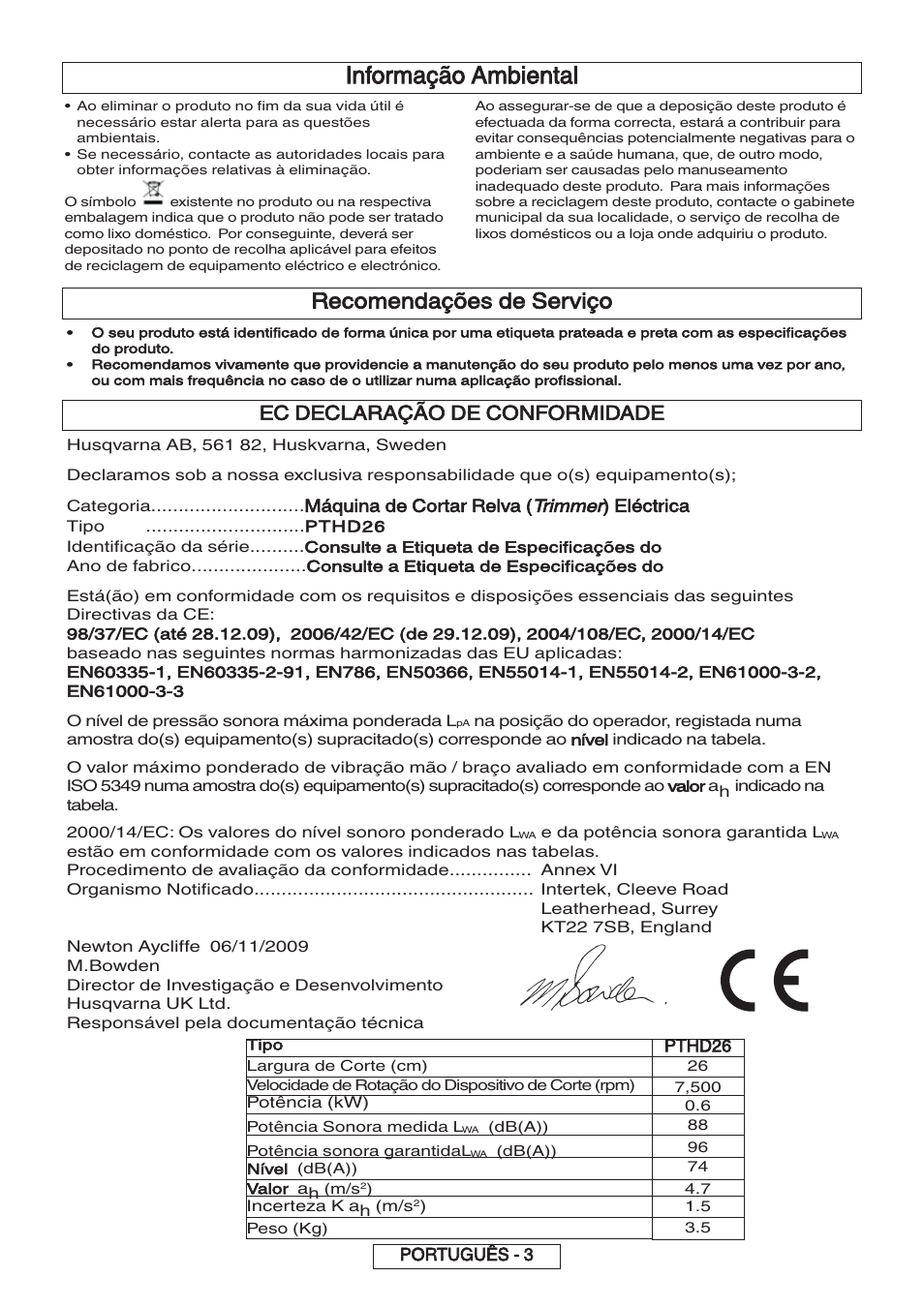 Informação ambiental, Recomendações de serviço, Ec declaração de conformidade | Flymo 600 HD User Manual | Page 37 / 80