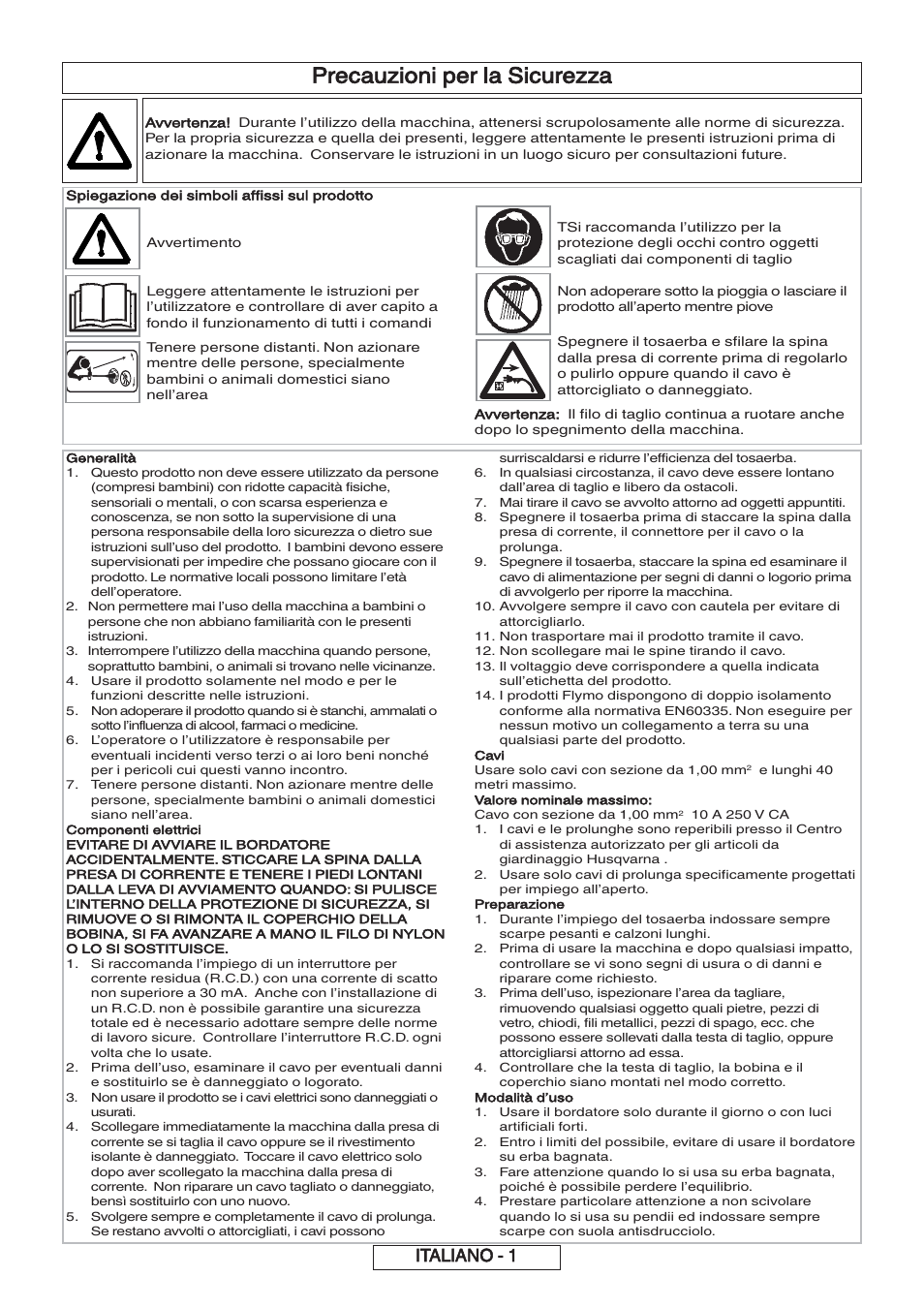 Precauzioni per la sicurezza, Italiano - 1 | Flymo 600 HD User Manual | Page 38 / 80