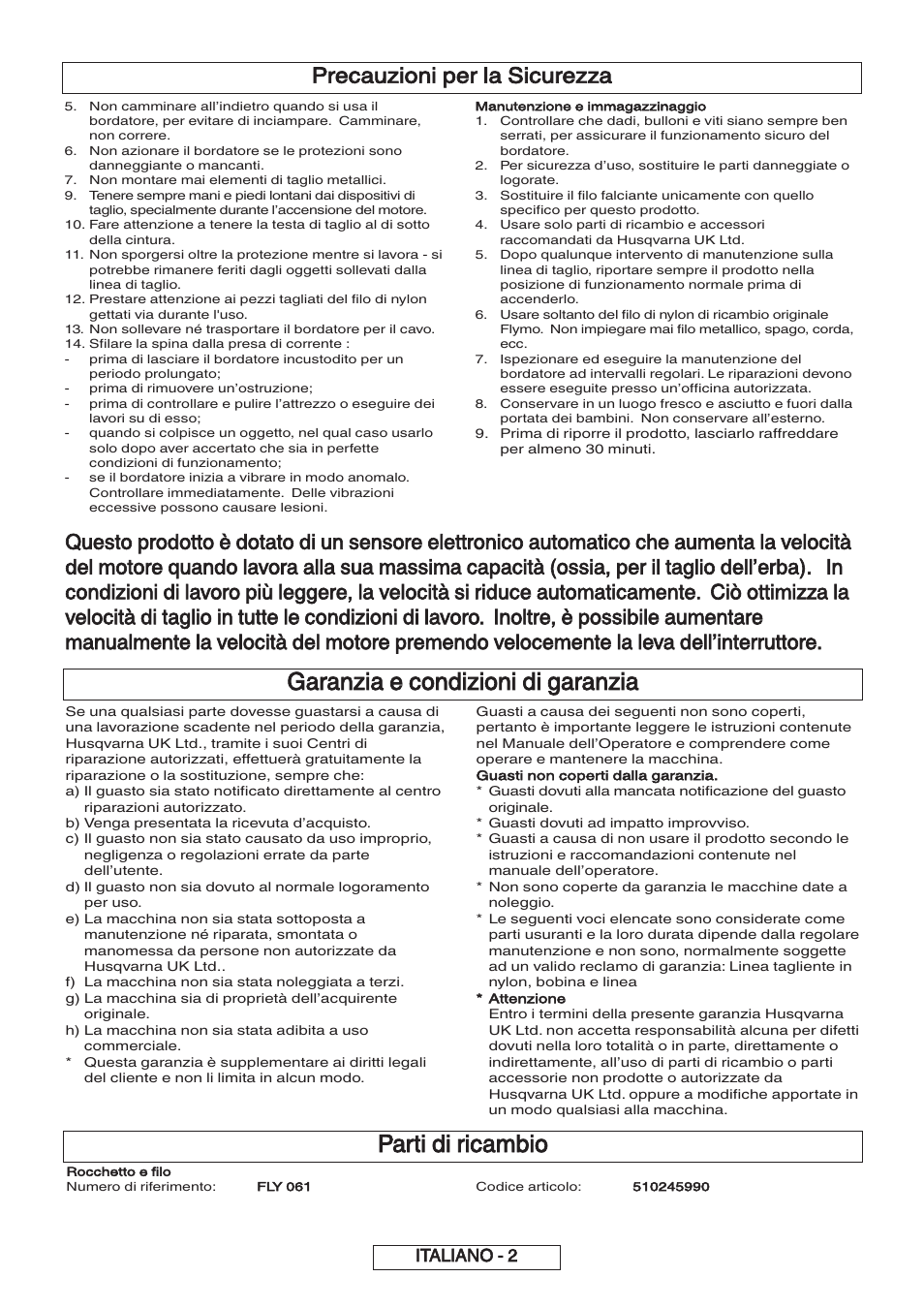 Garanzia e condizioni di garanzia, Parti di ricambio, Precauzioni per la sicurezza | Italiano - 2 | Flymo 600 HD User Manual | Page 39 / 80