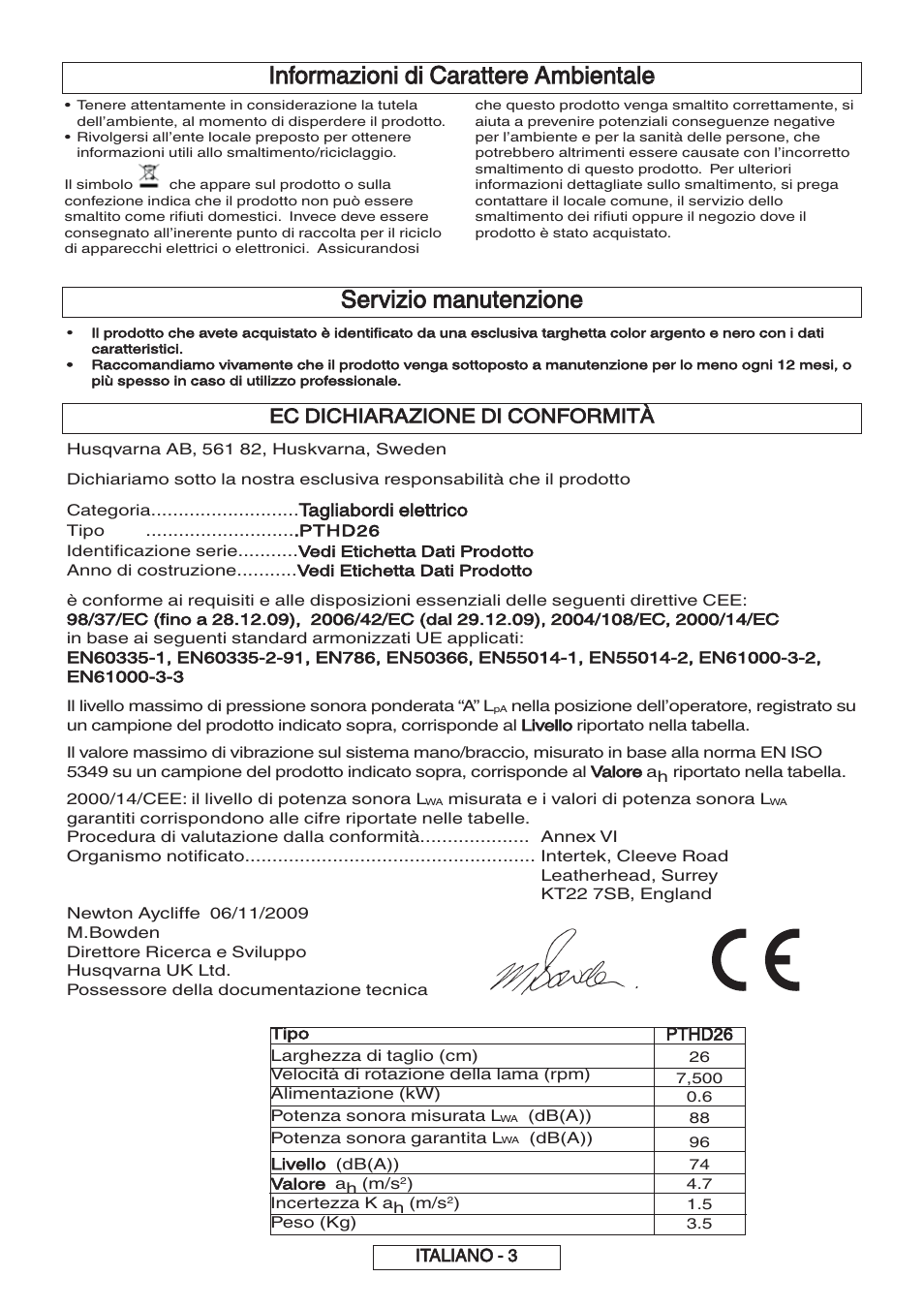 Informazioni di carattere ambientale, Servizio manutenzione, Ec dichiarazione di conformità | Flymo 600 HD User Manual | Page 40 / 80
