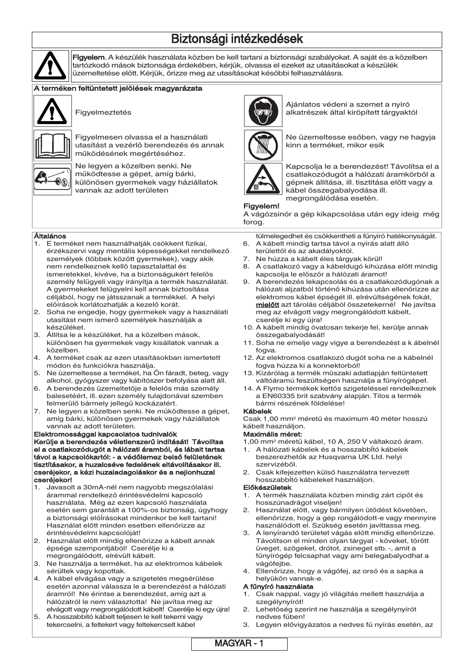 Biztonsági intézkedések, Magyar - 1 | Flymo 600 HD User Manual | Page 41 / 80