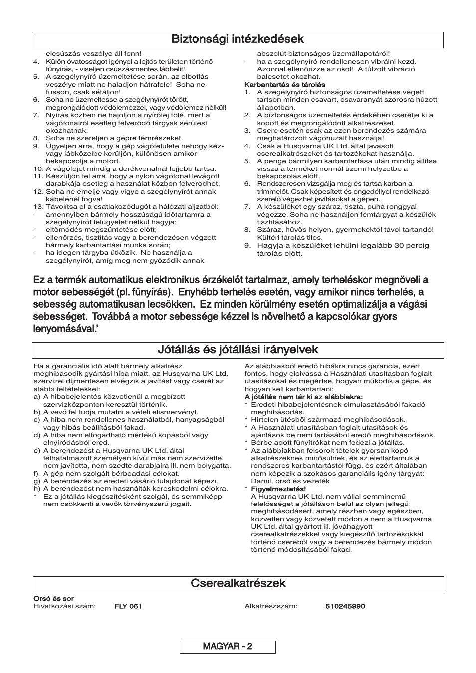 Jótállás és jótállási irányelvek, Biztonsági intézkedések, Cserealkatrészek | Magyar - 2 | Flymo 600 HD User Manual | Page 42 / 80
