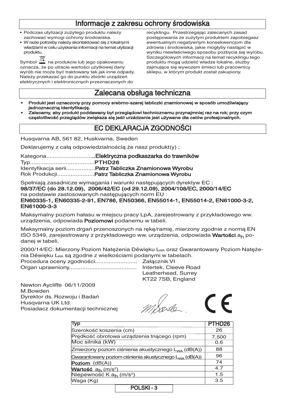 Informacje z zakresu ochrony środowiska, Zalecana obsługa techniczna, Ec deklaracja zgodności | Pthd26 | Flymo 600 HD User Manual | Page 46 / 80