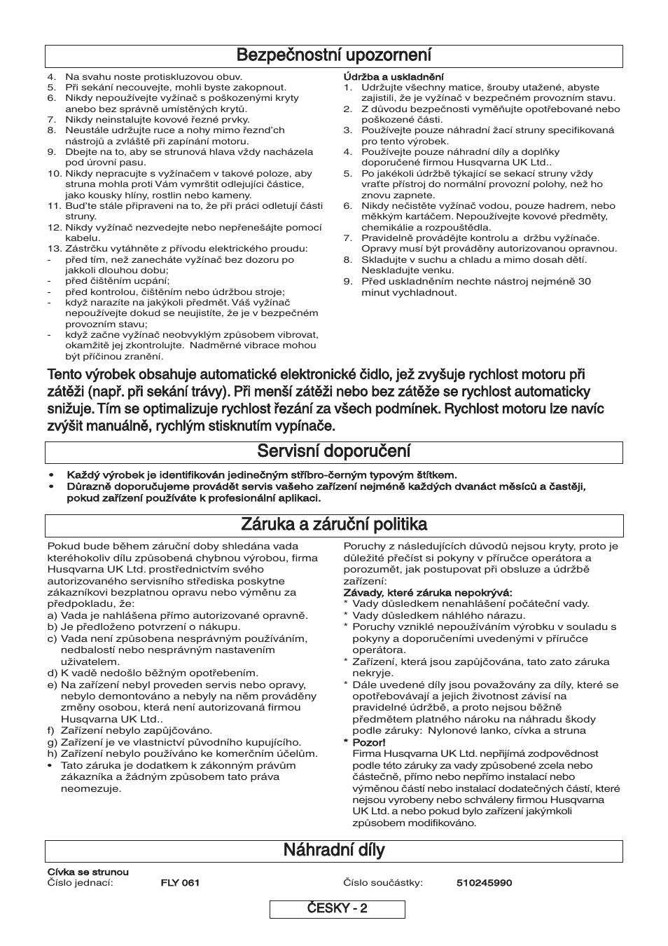 Záruka a záruční politika, Servisní doporučení, Bezpečnostní upozornení | Náhradní díly, Česky - 2 | Flymo 600 HD User Manual | Page 48 / 80