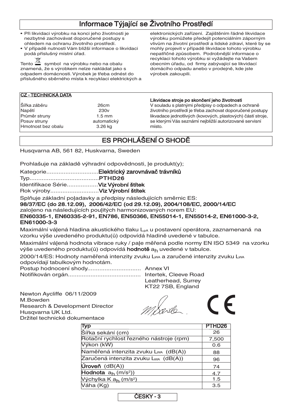 Informace týjající se životního prostředí, Es prohlášenĺ o shodĕ | Flymo 600 HD User Manual | Page 49 / 80