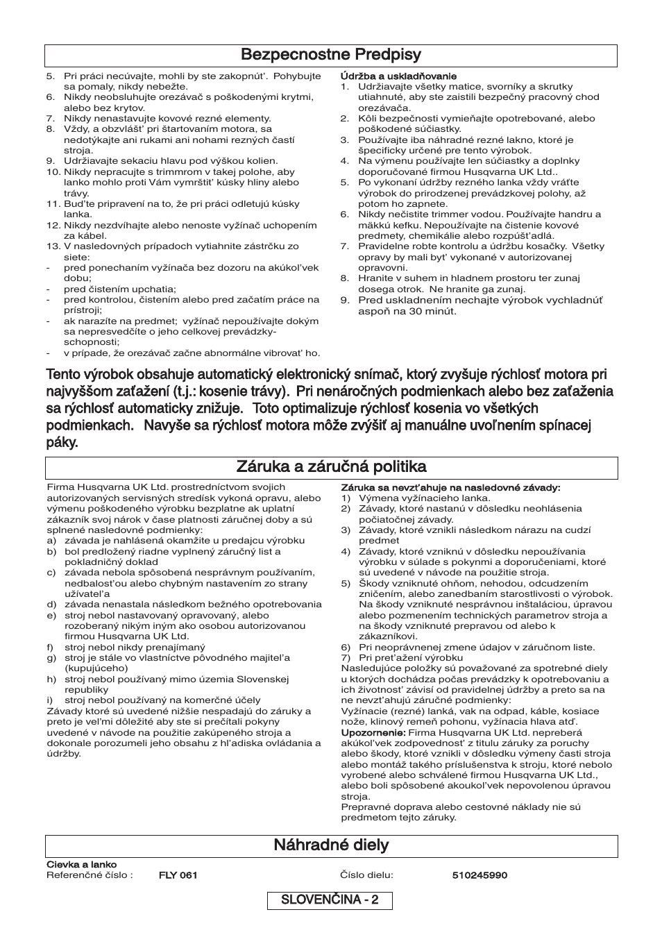 Záruka a záručná politika, Bezpecnostne predpisy, Náhradné diely | Slovenčina - 2 | Flymo 600 HD User Manual | Page 51 / 80