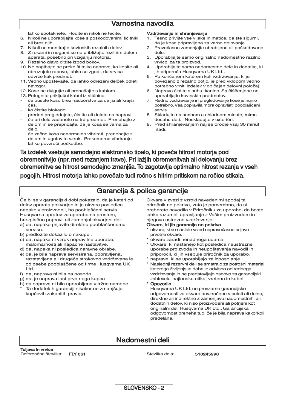 Garancija & polica garancije, Varnostna navodila, Nadomestni deli | Slovensko - 2 | Flymo 600 HD User Manual | Page 54 / 80