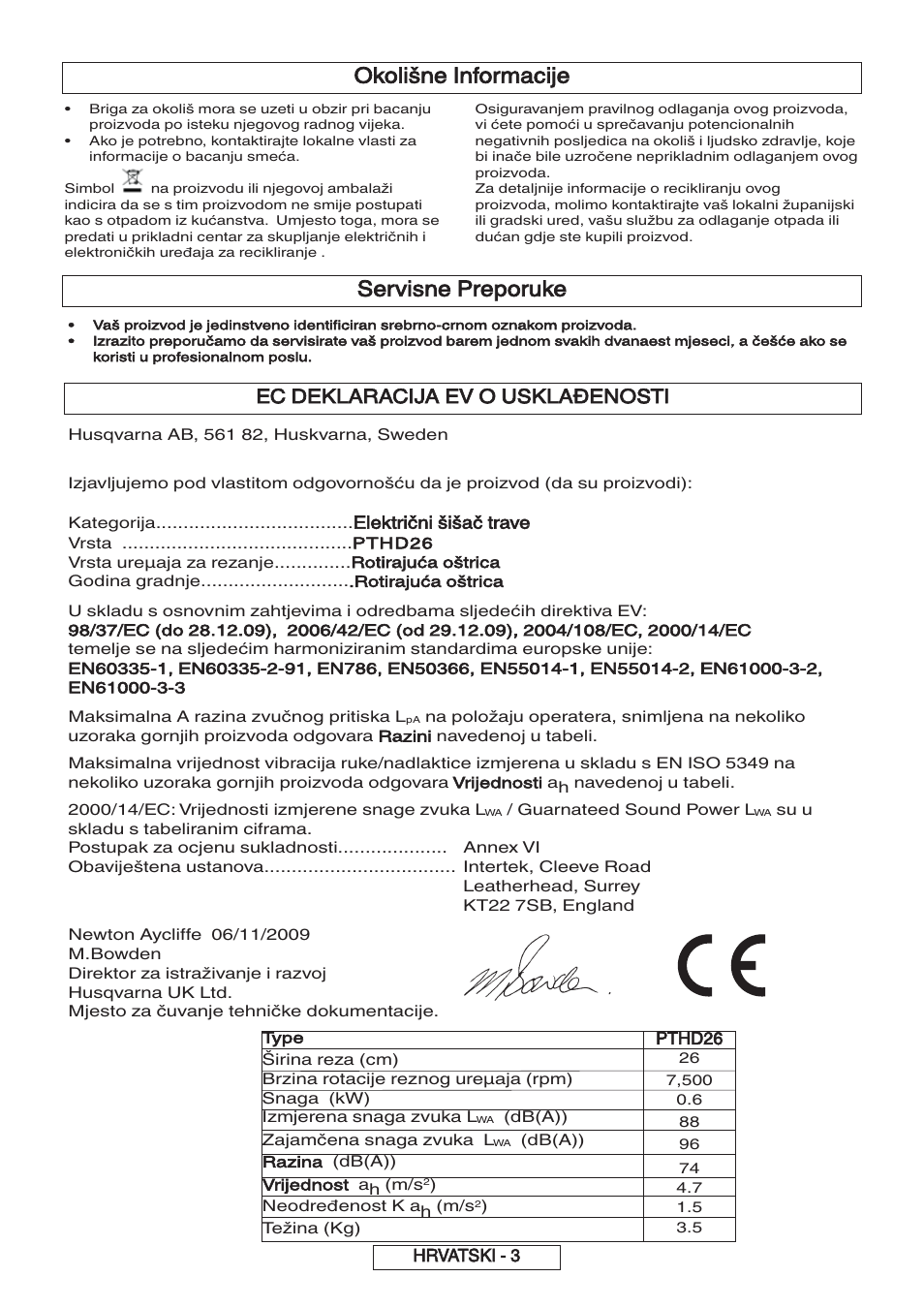 Okolišne informacije, Servisne preporuke, Ec deklaracija ev o usklađenosti | Flymo 600 HD User Manual | Page 58 / 80