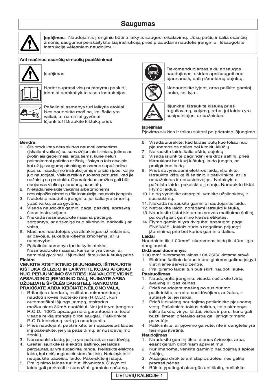 Saugumas | Flymo 600 HD User Manual | Page 59 / 80